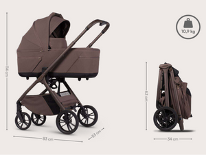 Brown venicci tila 2 in 1 travel system pram and pushchair with sleek metal frame and black wheels folded and unfolded