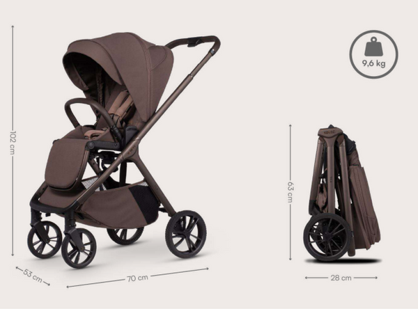Venicci Tila 2 in 1 travel system pram and pushchair in noce brown with black wheels and compact foldable design