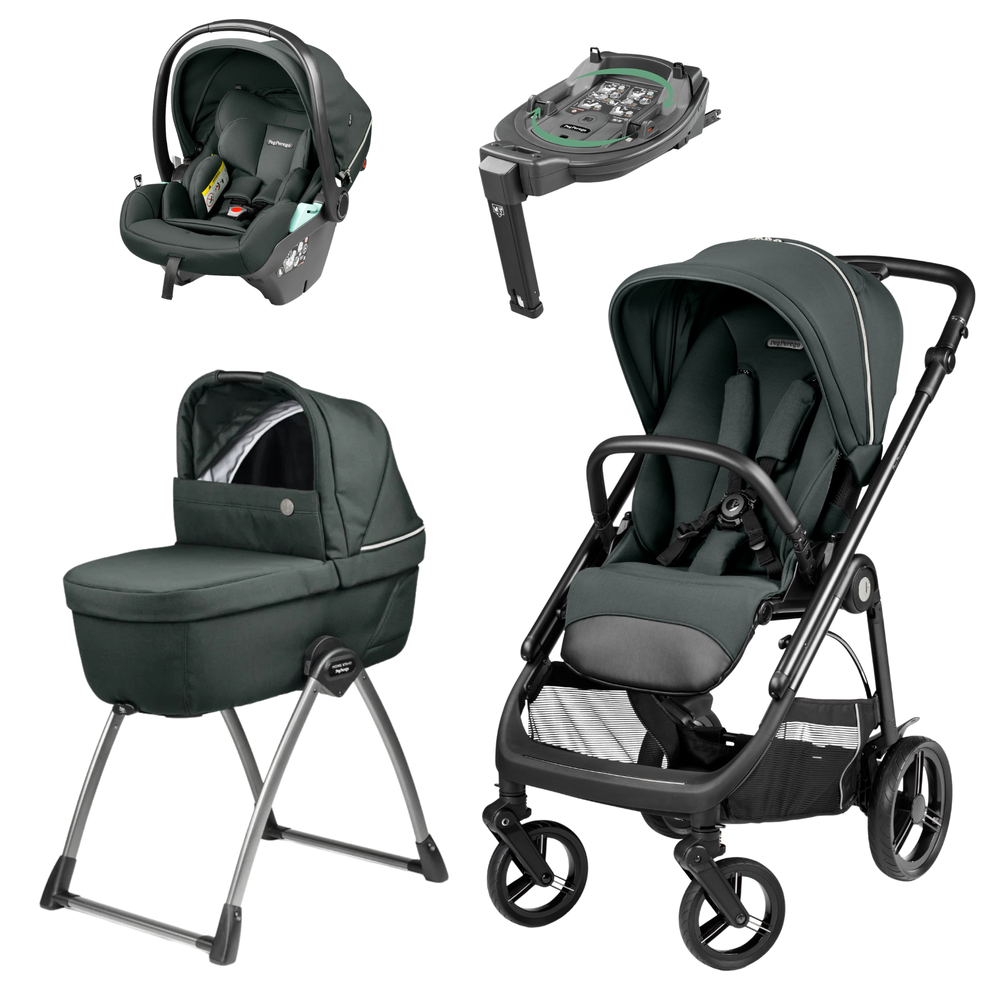 Black and gray peg perego veloce lite metal convertible stroller with adjustable handlebars and padded seat