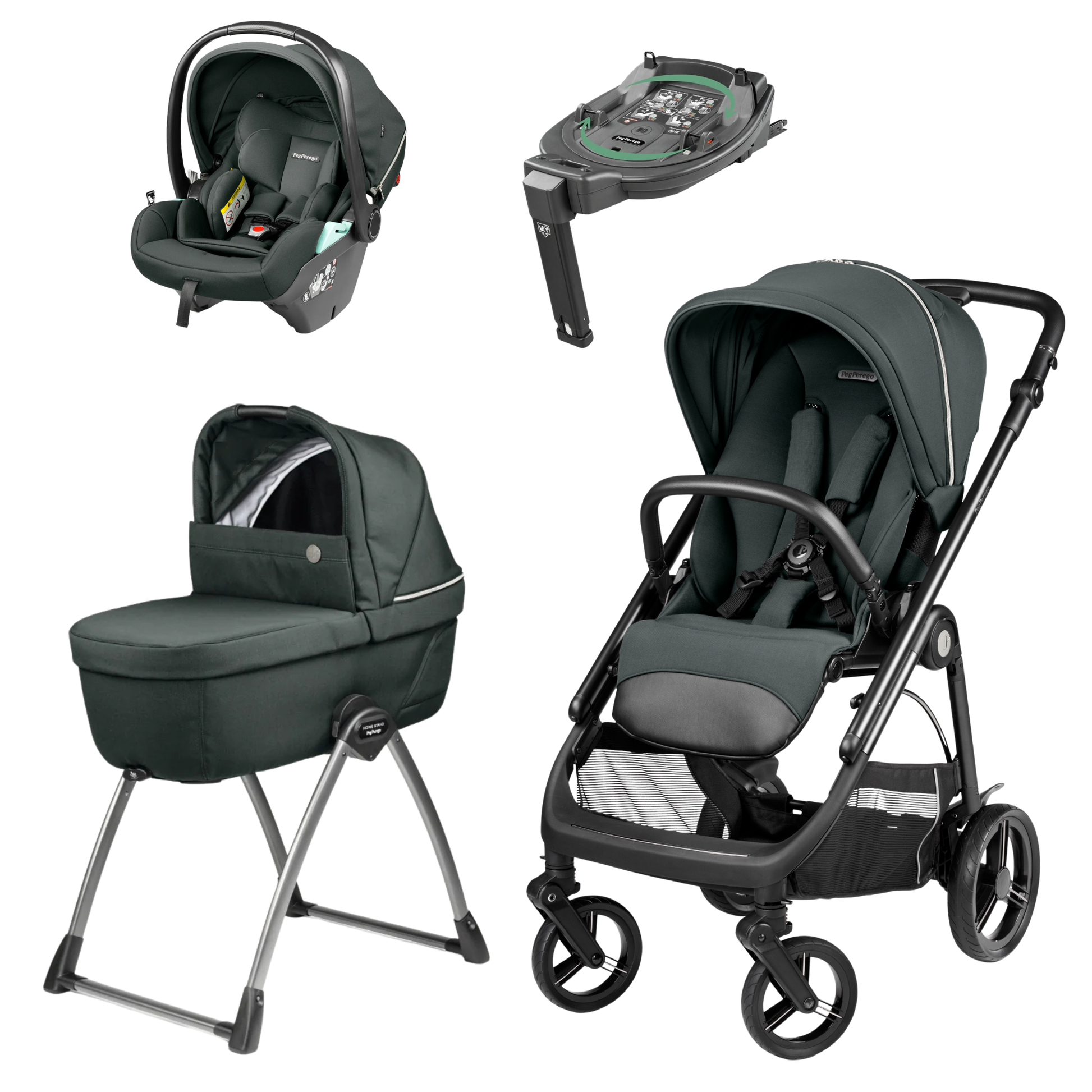 Black and gray peg perego veloce lite metal convertible stroller with adjustable handlebars and padded seat