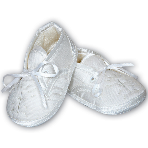 Sarah Louise Christening Shoes White Satin Embroidered Cross-0