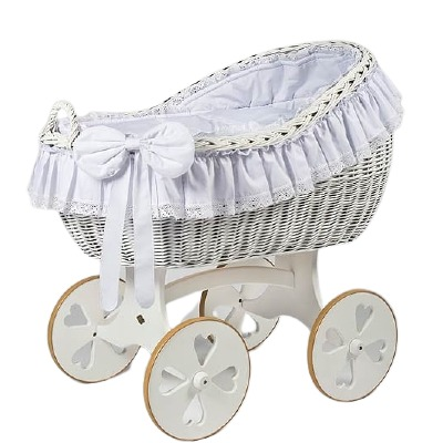 MJ Marks Bianca White and White Lace Wicker Crib with Bedding - Heart Wheels-0