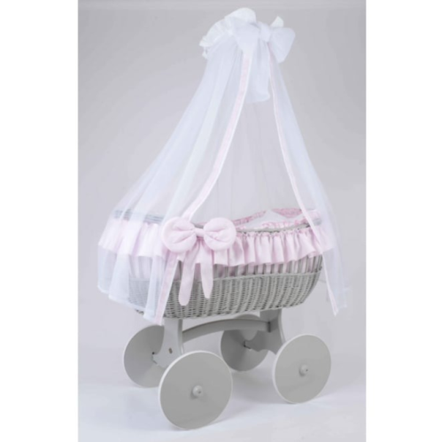 MJ Marks Ophelia Grey and Pink Wicker Crib with Drapes-0