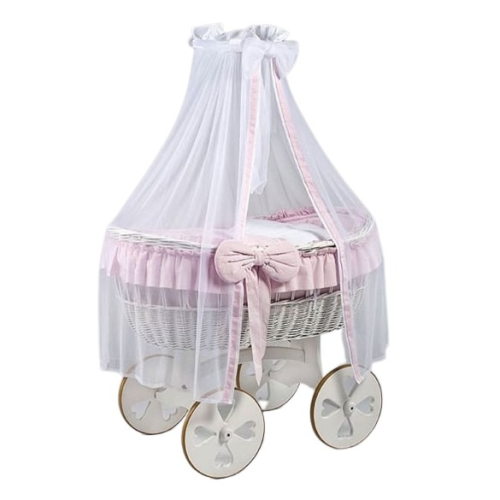 MJ Marks Ophelia White and Pink Wicker Crib with Drapes - Heart Wheels-0