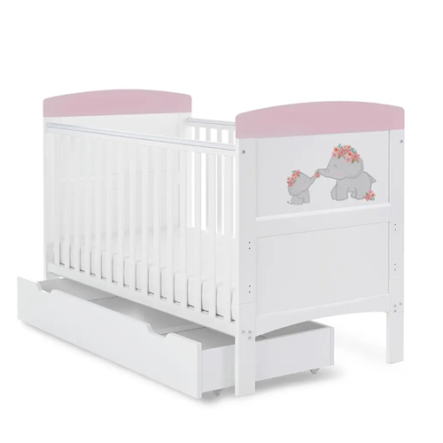 OBaby Grace Inspire Mini & Me Elephants Cot Bed - Pink With Under Bed Drawer-0