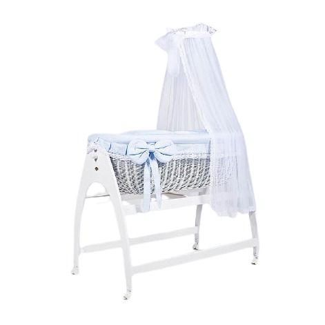 MJ Marks Miranda White Wicker Swinging Crib with Blue Lace Bedding & Drapes-0