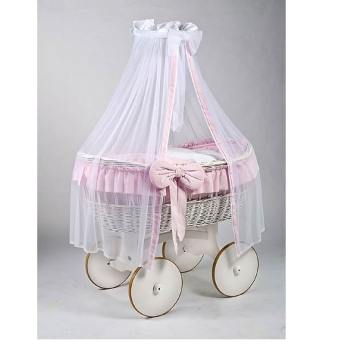 MJ Marks Ophelia White and Pink Wicker Crib with Drapes-0
