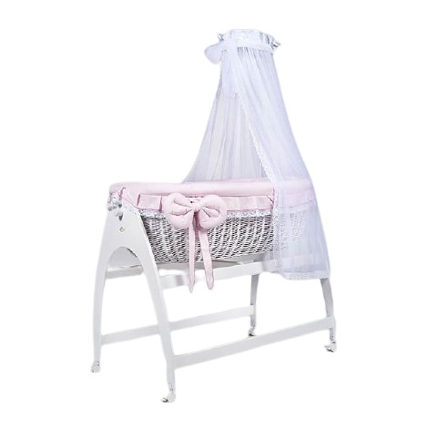 MJ Marks Miranda White Wicker Swinging Crib with Pink Lace Bedding & Drapes-0
