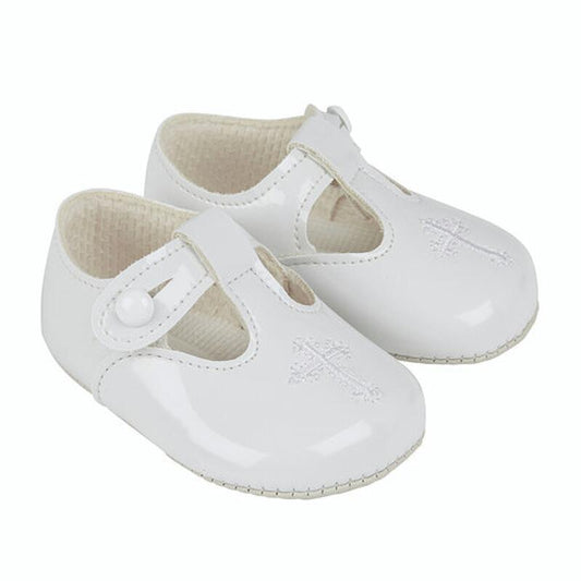 Christening Shoes Patent White Embroidered Cross-0