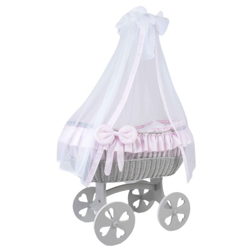 MJ Marks Ophelia Grey and Pink Wicker Crib with Drapes - Heart Wheels-0