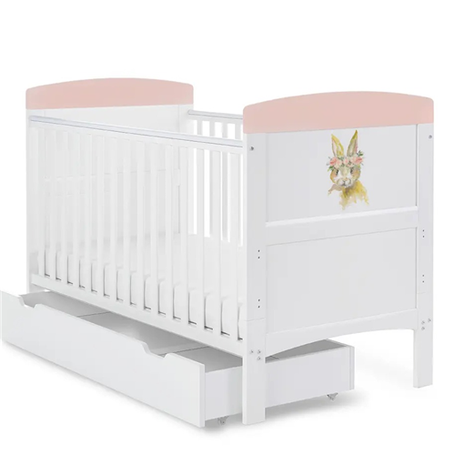 OBaby Grace Inspire Water coloured Rabbit Themed Cot Bed + Under Bed Drawer-0