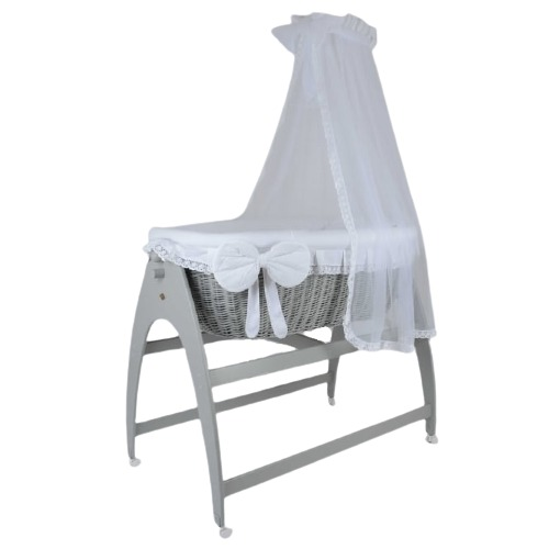 MJ Marks Miranda Grey Wicker Swinging Crib with White Bedding & Drapes-0