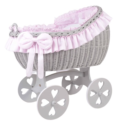 MJ Marks Bianca Grey and Pink Wicker Crib with Bedding - Heart Wheels-0